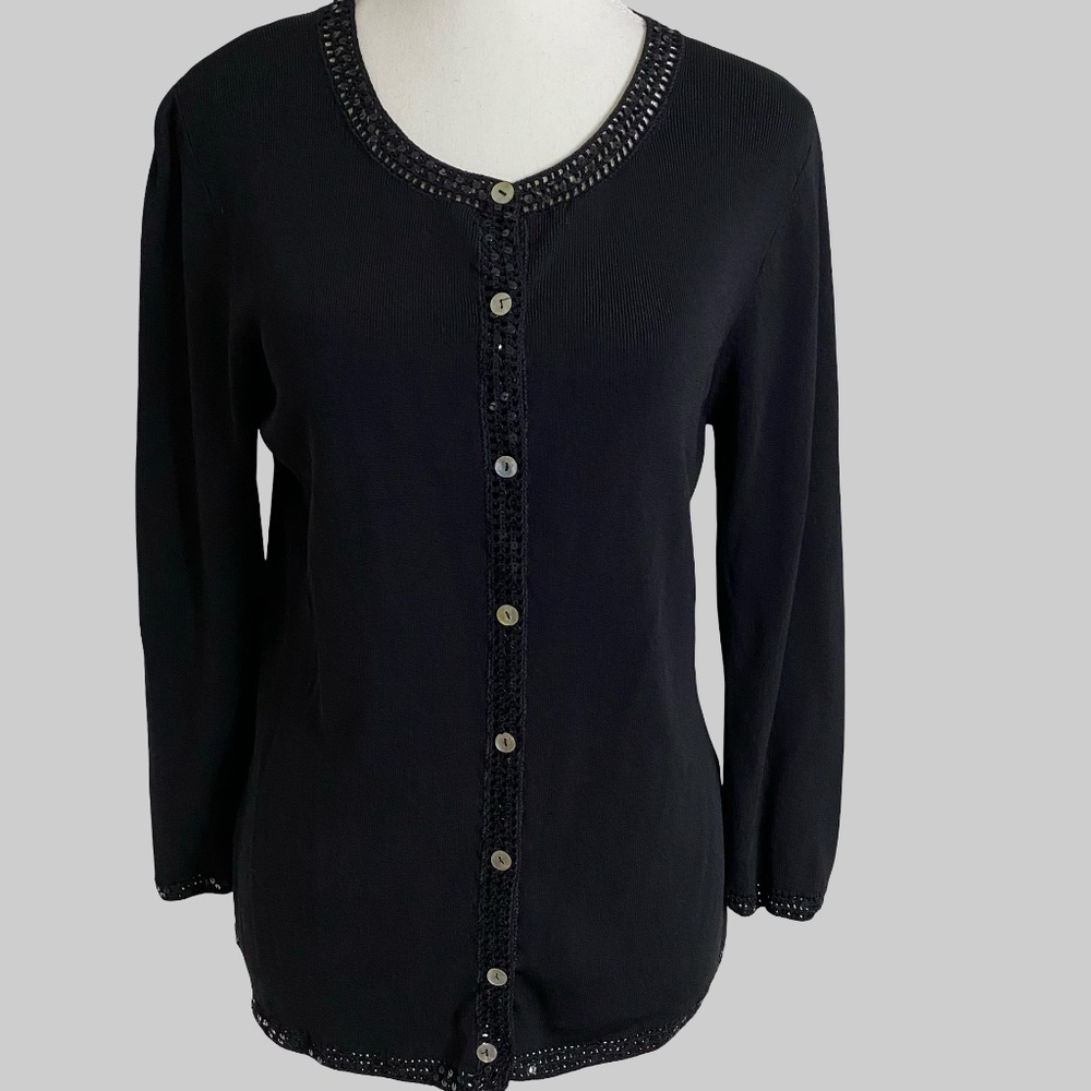 Black Knit Sequin Crochet Detail Button Up Holiday Party Office Sweater- Sz-M